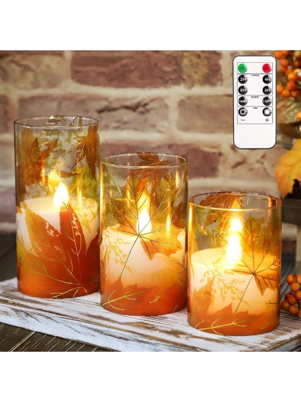 Autumn Flameless Candles Set of 3 - Realistic LED Flickering Wax Pillars with